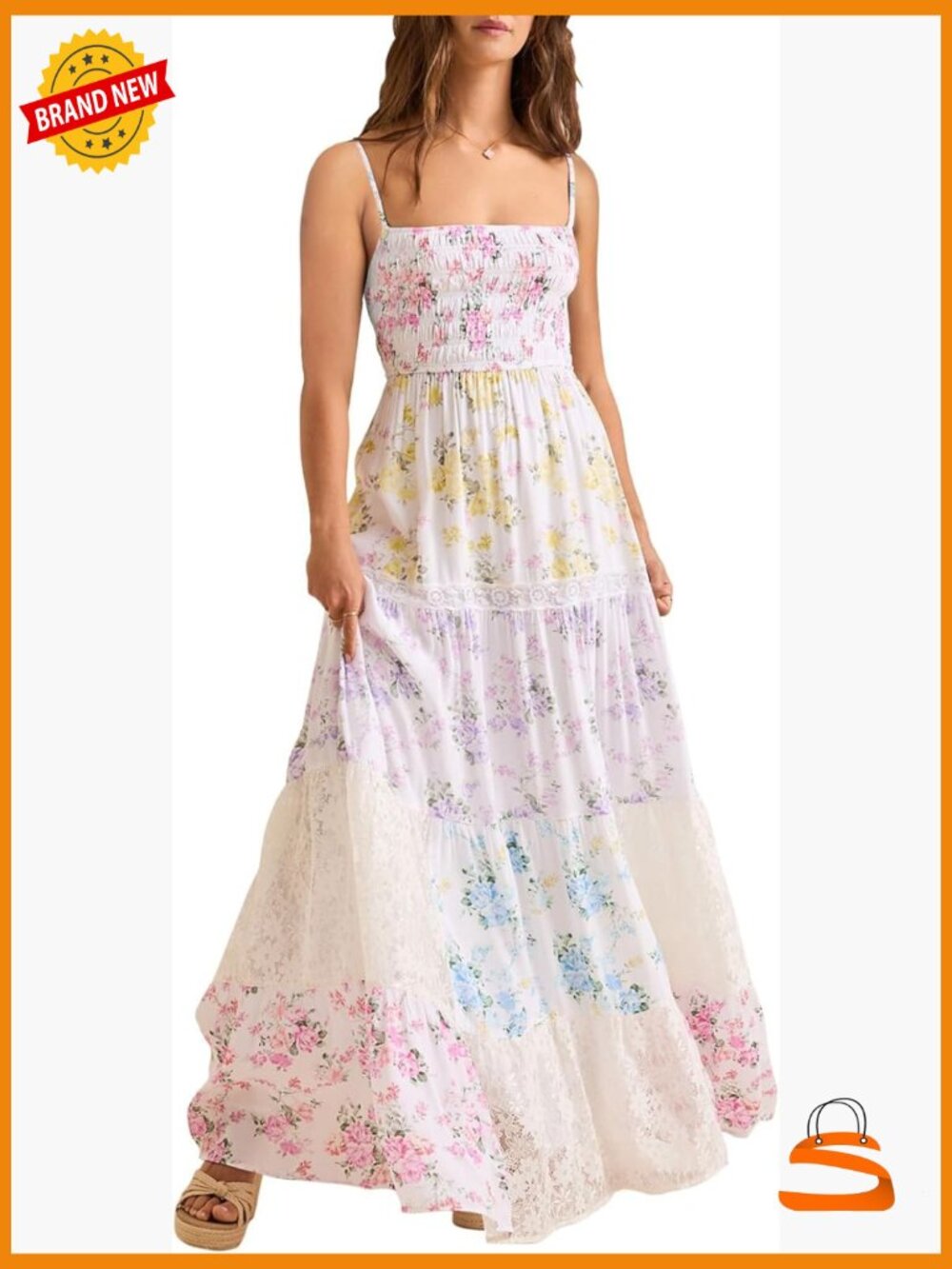 Spaghetti Strap Smocked Maxi Dress Tiered Boho Lace Patchwork Long Dress